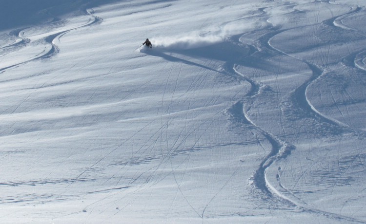 Creating smoking trails in spring powder. Heliskiing Riksgränsen, 17 April 2010  Foto: Lisa Auer